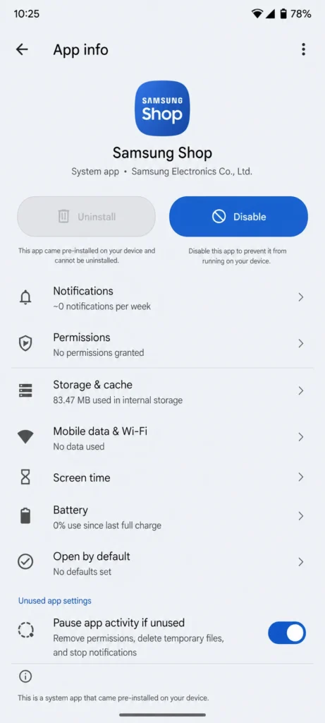Screenshot of Android system app information page showing greyed-out Uninstall button and available Disable option for uninstallable apps
