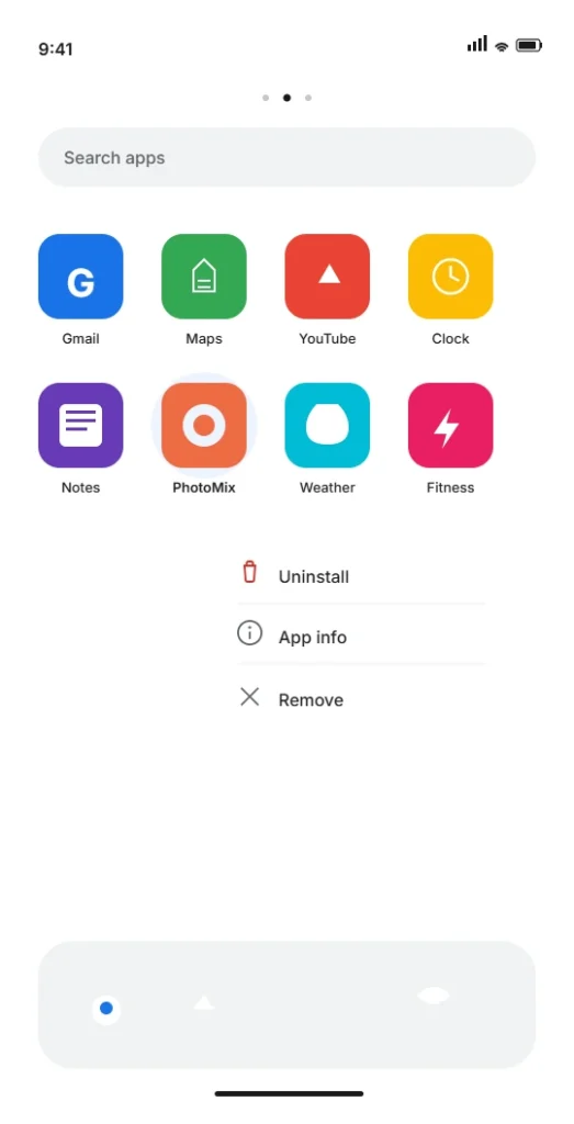 Android phone screenshot showing the context menu that appears when long-pressing an app icon, with Uninstall and App info options clearly visible