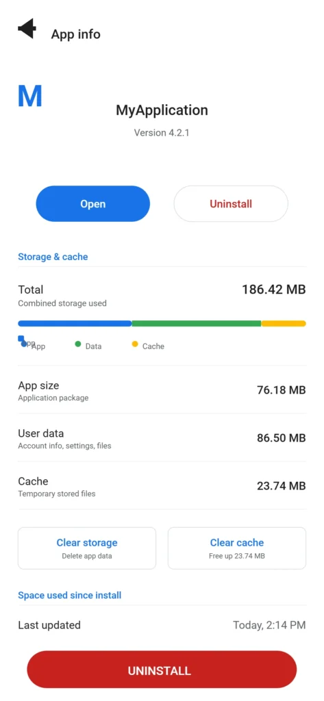 Screenshot of Android app information page showing storage breakdown including app size, data size, cache size, and clear data options for deleting app files
