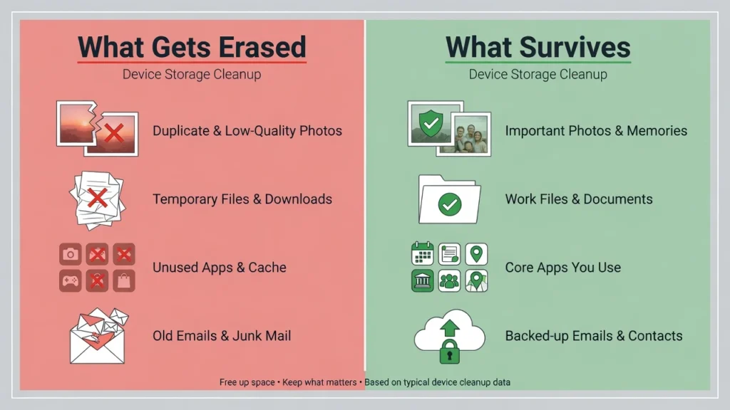 Infographic comparing what data is erased versus what data survives a factory reset on a locked Android phone