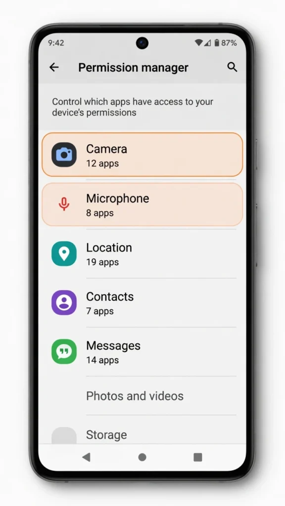 Android Permission Manager screen showing Camera and Microphone permission categories highlighted, used to detect hidden spy apps on Android