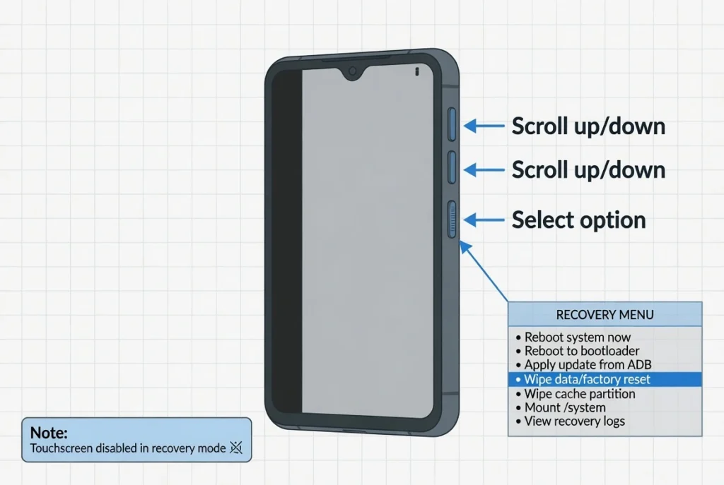 Diagram showing Android phone with volume buttons labeled for scrolling and power button labeled for selecting options in recovery mode menu