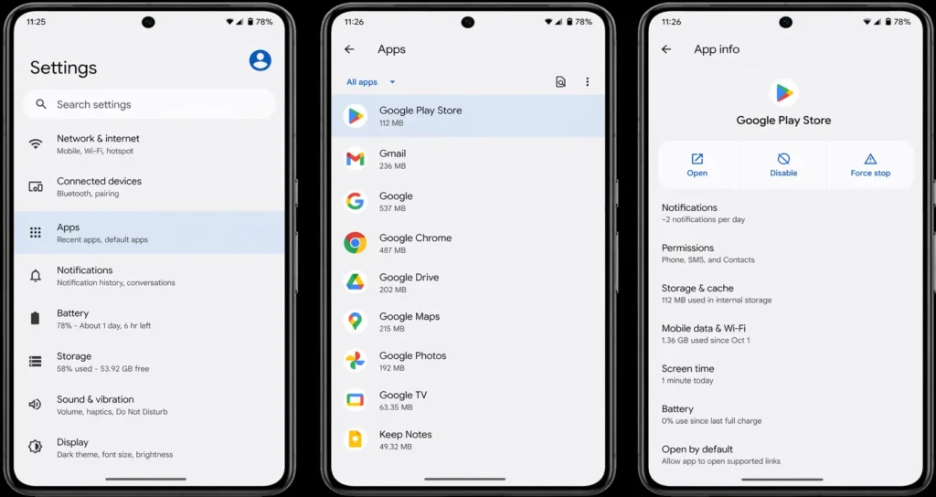 Screenshot showing the path through Android Settings to Google Play Store app information page, displaying the Disable button and Storage option for managing the system app
