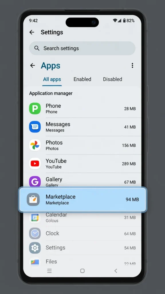 Android phone showing Settings Apps screen with a complete installed apps list, used to find hidden apps on Android