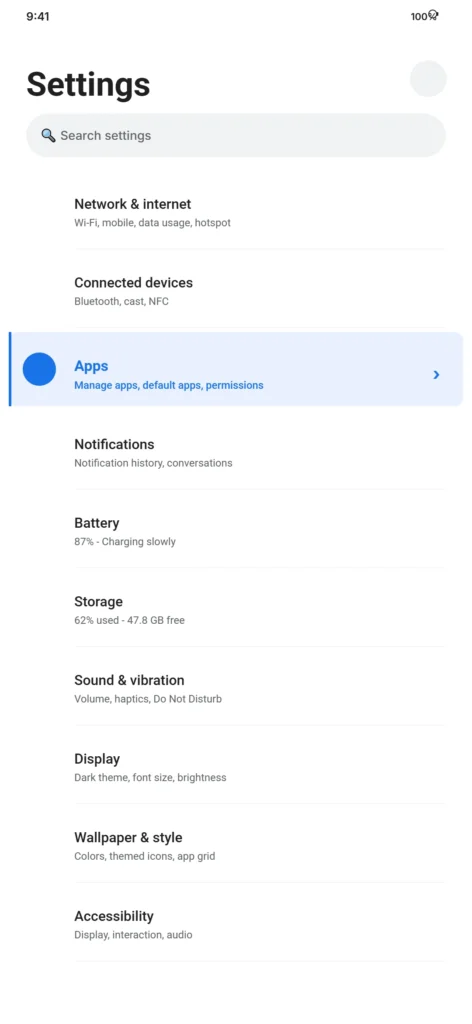 Screenshot of Android Settings menu showing where the Apps or Apps & Notifications option is located in the main settings list