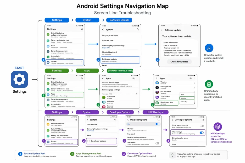 Diagram showing the Android Settings menu paths needed to access software updates, app management, and Developer Options for fixing screen line issues