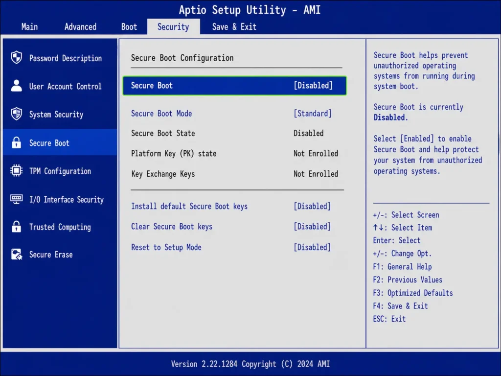 BIOS firmware showing Secure Boot option in Security tab, currently set to Disabled, requiring change to Enabled for Windows 11 compatibility