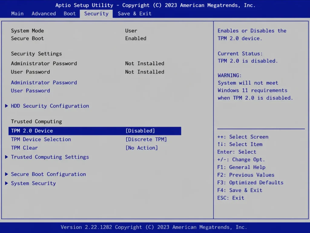 BIOS setup utility showing Security tab with TPM 2.0 device setting currently disabled, requiring change to enabled for Windows 11 compatibility