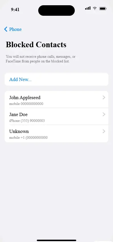Screenshot of iPhone Blocked Contacts list showing blocked numbers and the Add New option in iOS 18 settings