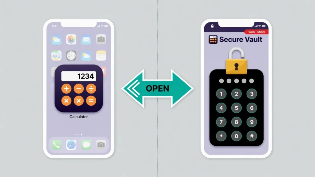 Split illustration showing a calculator vault app appearing as a normal calculator icon then revealing a hidden PIN vault when opened on Android