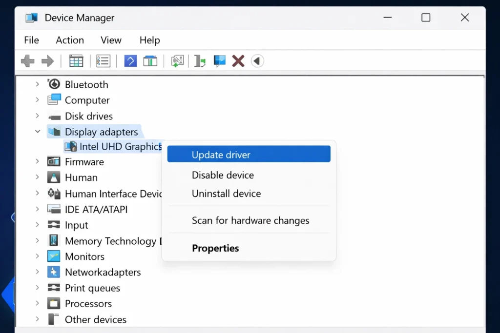  Windows Device Manager showing Display adapters expanded with Update driver option highlighted to fix black lines on Dell laptop screen