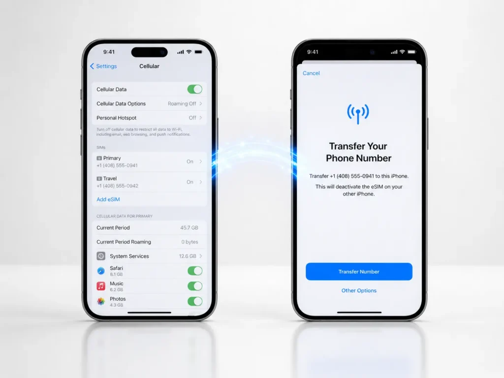 Two iPhones placed side by side for eSIM wireless transfer, showing cellular settings on old iPhone and transfer prompt on new iPhone