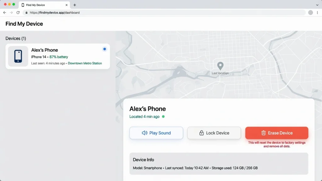 Mockup of Find My Device web interface showing device list and erase button to remotely reset a locked Android phone