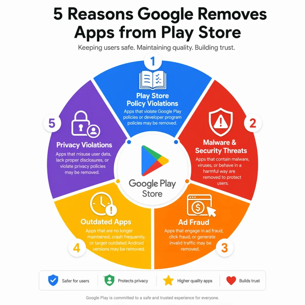 Infographic showing the five main reasons Google removes apps from Play Store: policy violations, malware and security threats, ad fraud, outdated apps, and privacy violations, each represented with distinct colors and icons