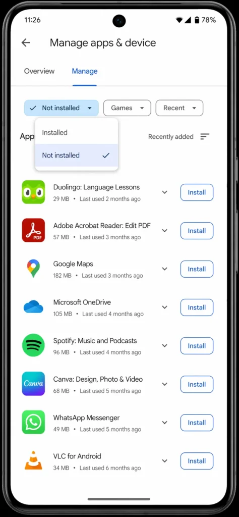 Screenshot showing the "Not installed" filter in Google Play Store's Manage apps & device section, displaying list of previously downloaded apps available to reinstall