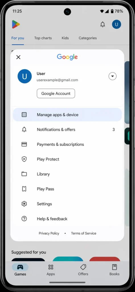 Screenshot of Google Play Store app showing profile icon in top right corner with dropdown menu open, highlighting the "Manage apps & device" option for accessing app history