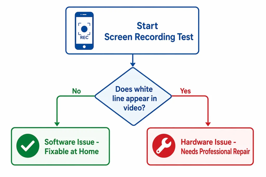 Flowchart showing how to diagnose whether white phone screen lines are hardware or software issues using the screen recording test method