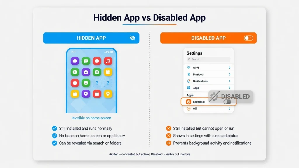 Comparison infographic showing the difference between hidden apps and disabled apps on Android, with visual examples of each type