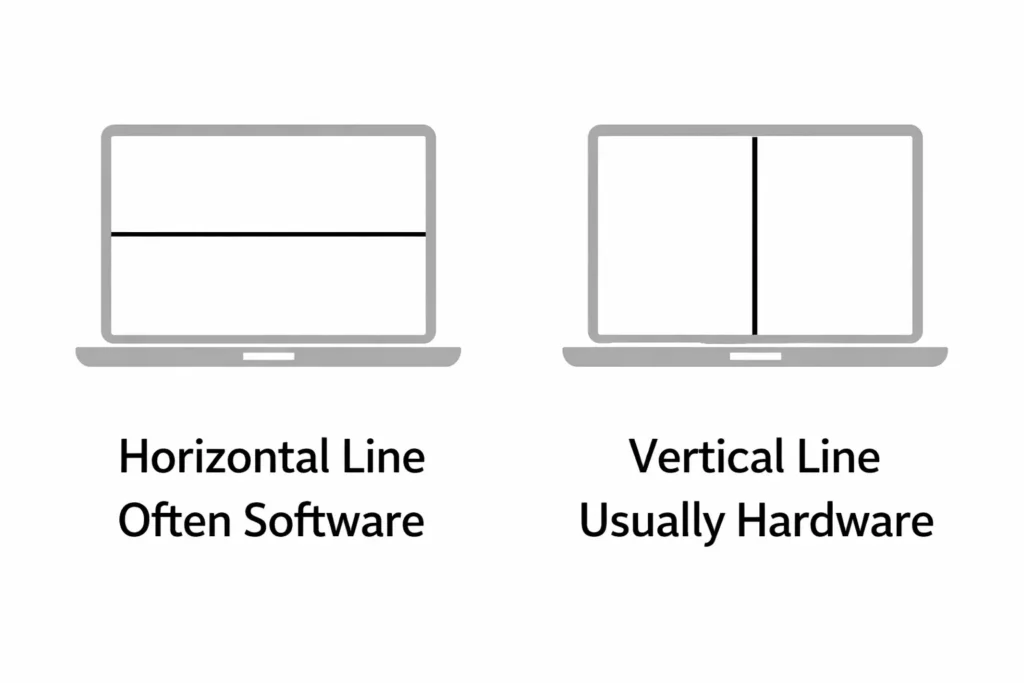 Diagram comparing horizontal black line on laptop screen caused by software versus vertical black line caused by hardware damage on Dell laptop