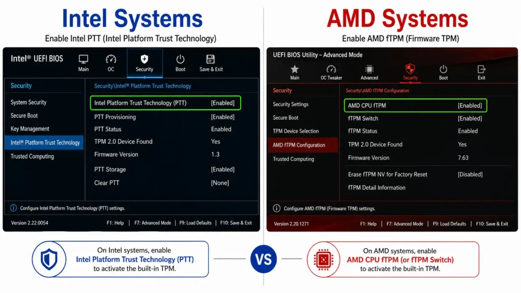 Side-by-side BIOS screenshot comparison showing Intel Platform Trust Technology (PTT) setting on Intel systems versus AMD CPU fTPM setting on AMD systems, highlighting the different names for TPM 2.0