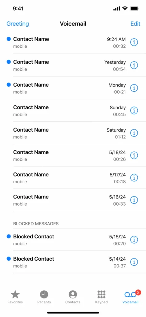 iPhone Phone app Voicemail tab showing Blocked Messages section at bottom with voicemails from blocked contacts