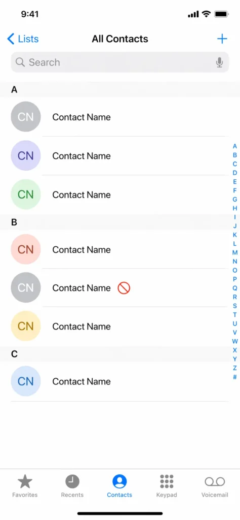 iPhone Contacts app showing red circle with slash icon next to blocked contact name