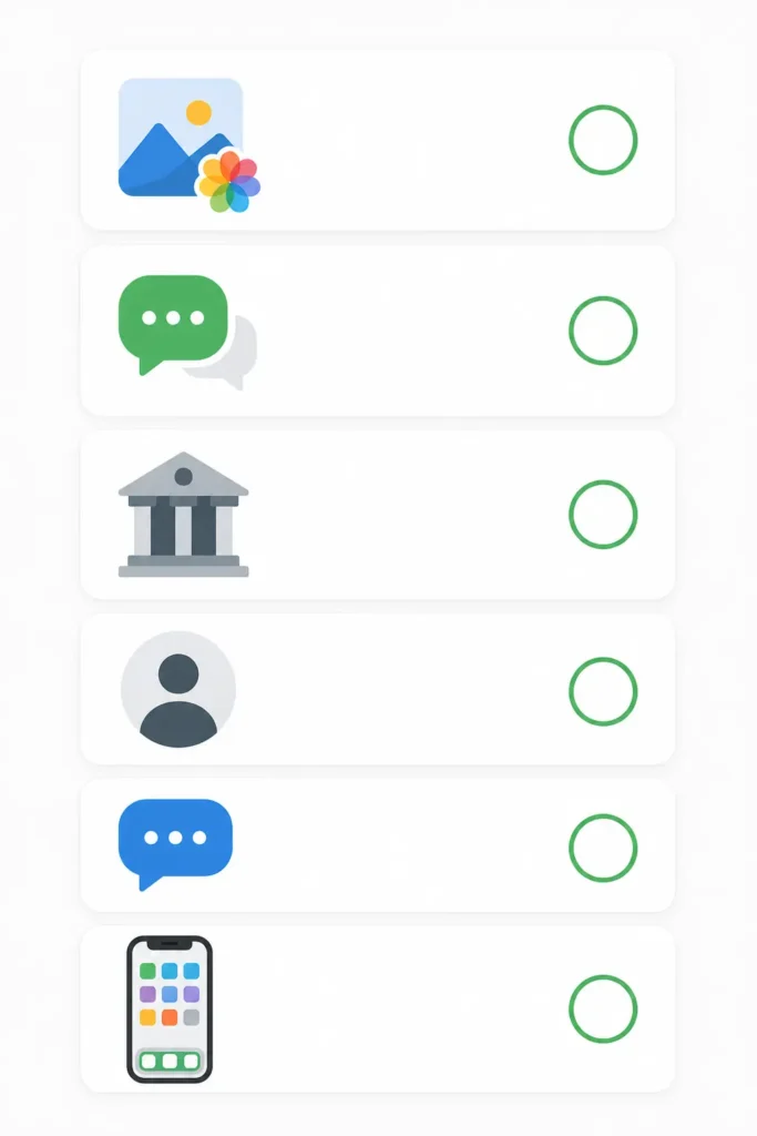 Six-item checklist infographic showing what to verify on new iPhone before erasing old iPhone including photos, WhatsApp, banking apps, contacts, iMessage, and home screen