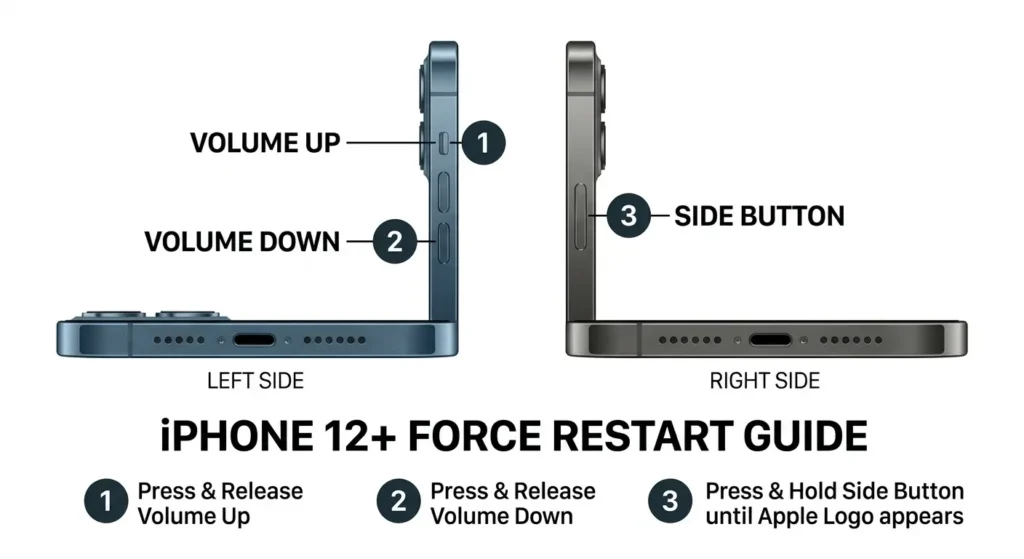 Illustration of iPhone showing the location of Volume Up, Volume Down, and Side buttons with numbered sequence for force restarting the devic