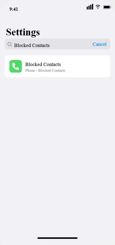 iPhone Settings search bar showing Blocked Contacts search result with navigation path in iOS 18