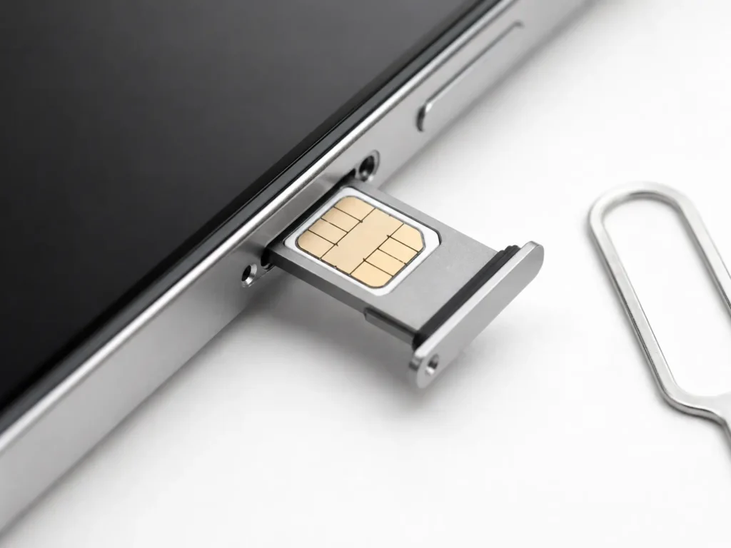 Close-up of iPhone SIM card tray ejected from phone side showing nano SIM card with corner notch and SIM ejector tool next to pinhole