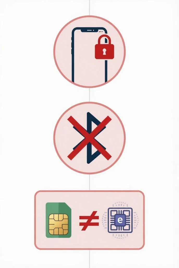 Diagram showing three causes of iPhone number transfer failure: carrier lock, Bluetooth disabled, and physical SIM versus eSIM mismatch