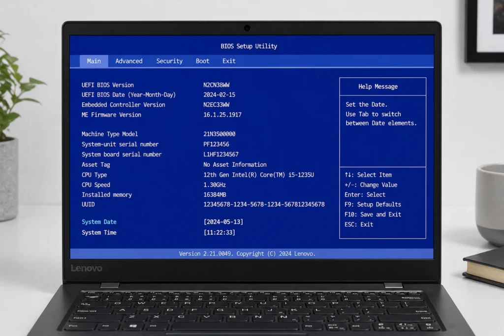 Lenovo laptop BIOS setup screen showing clean display with no horizontal lines confirming hardware is functioning correctly