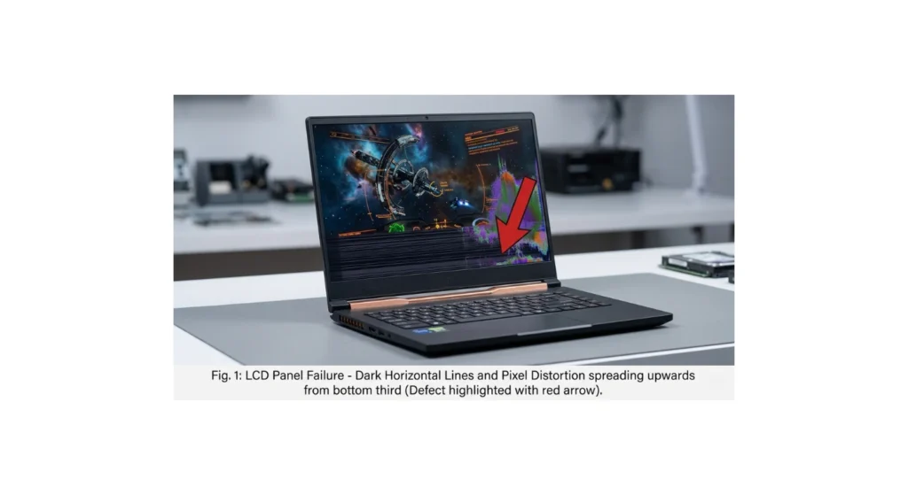 Lenovo LOQ laptop screen showing characteristic horizontal lines and pixel bleeding in the bottom portion indicating the known LCD panel manufacturing defect