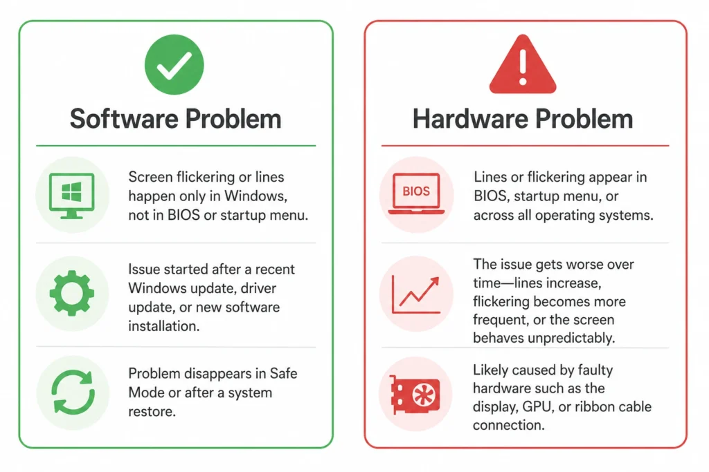 Diagram comparing software versus hardware causes of Lenovo laptop screen flickering horizontal lines with key symptoms for each