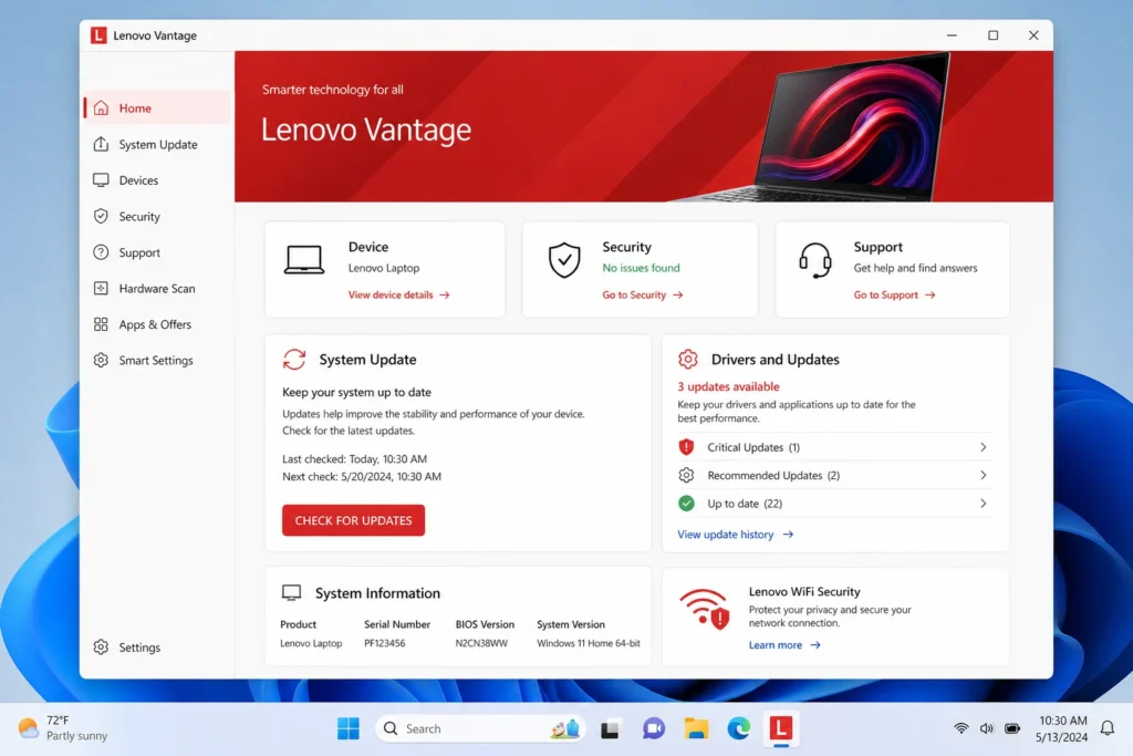 Lenovo Vantage app showing the Drivers and Updates section used to download the correct display driver to fix screen flickering horizontal lines