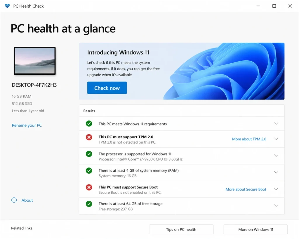 PC Health Check tool showing Windows 11 system requirements results with green checkmarks and red X marks for various requirements like TPM 2.0 support