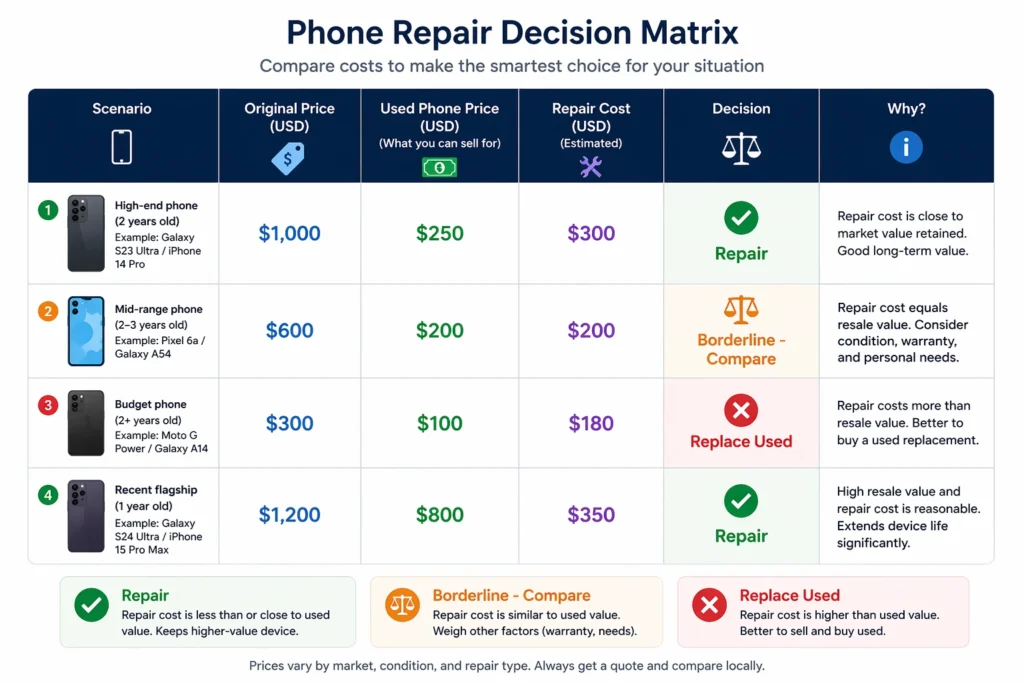 Comparison matrix showing different phone price scenarios and whether repair or replacement is the better financial decision based on original cost, current used price, and repair costs
