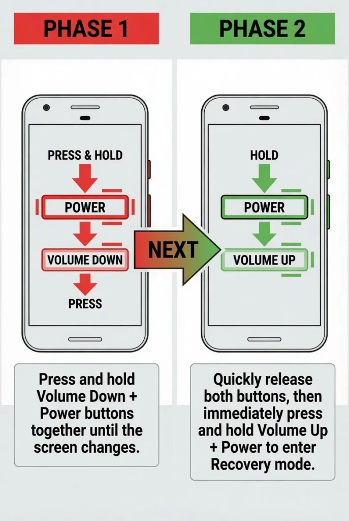 Two-phase diagram showing Samsung factory reset button combination — first hold Volume Down and Power, then switch to Volume Up and Power to enter recovery mode