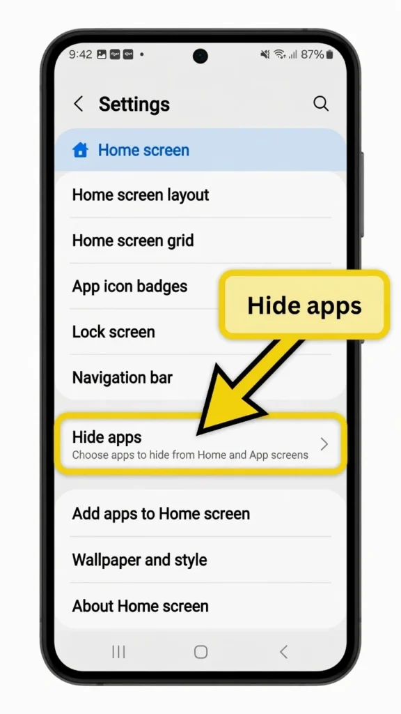 Samsung One UI settings screen showing the Hide Apps on Home and App Screens option highlighted, used to find hidden apps on Samsung Android