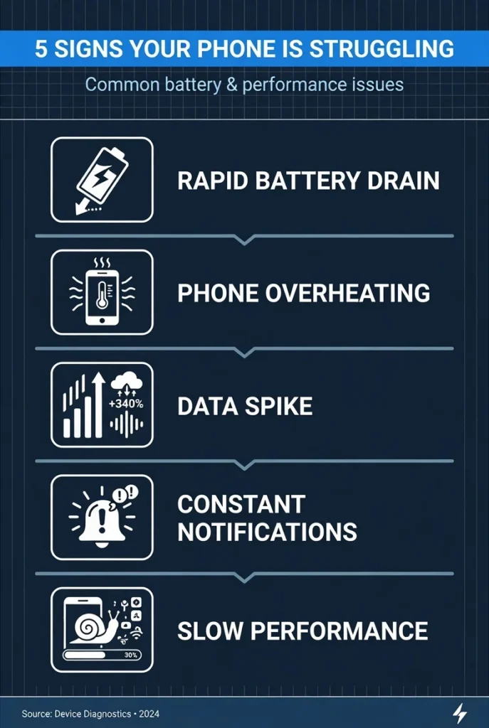 Infographic listing five signs of hidden apps on Android including unusual battery drain, warm phone, data spikes, unknown notifications, and slowdowns