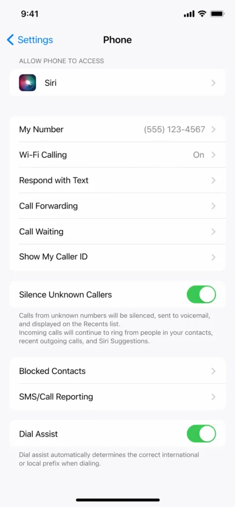 iPhone Phone settings showing Silence Unknown Callers toggle switch enabled in iOS 18