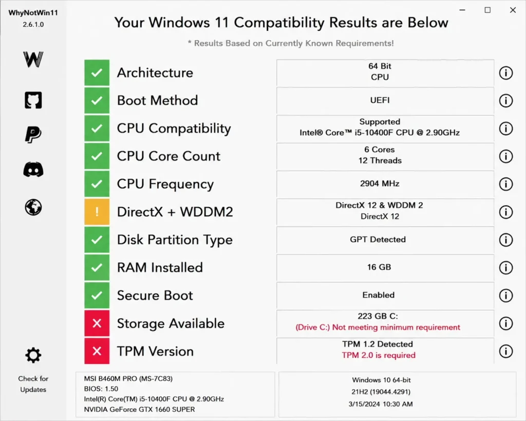 WhyNotWin11 application displaying detailed Windows 11 compatibility requirements with color-coded status indicators (green, red, yellow) for each system requirement including TPM, Secure Boot, and processor
