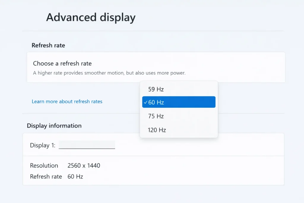 Windows 11 Advanced Display settings showing the Choose a refresh rate dropdown menu for fixing horizontal black lines on Dell laptop screen