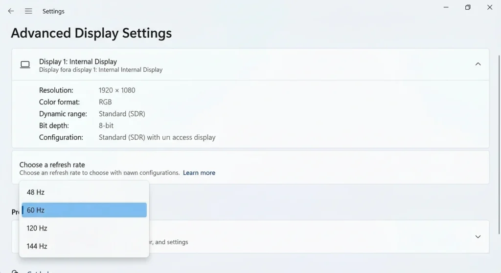 Windows 11 Advanced Display Settings showing refresh rate dropdown set to 60Hz to fix horizontal lines on Lenovo laptop screen