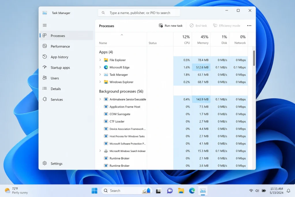 Windows Task Manager window open during Lenovo laptop screen flickering test showing stable interface to diagnose display driver issues
