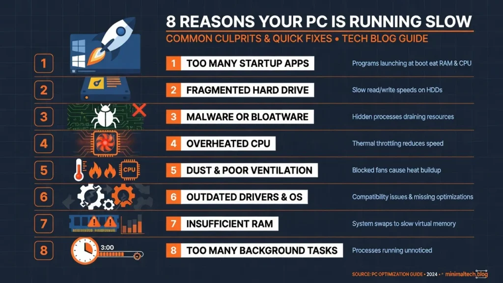 Infographic listing 8 common reasons a PC runs slow including startup programs, full C drive, malware, outdated drivers, overheating, background services, low RAM, and ageing hardware