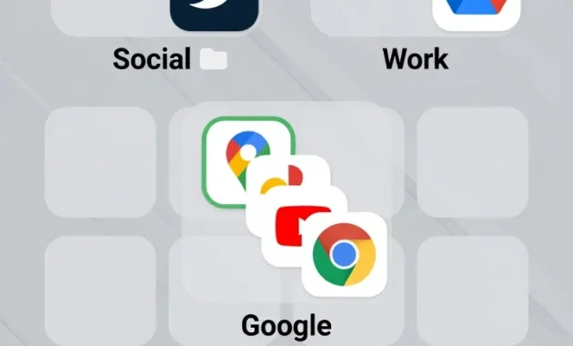 Android home screen showing three labeled folders (Social, Work, Google) containing grouped app icons plus individual app icons
