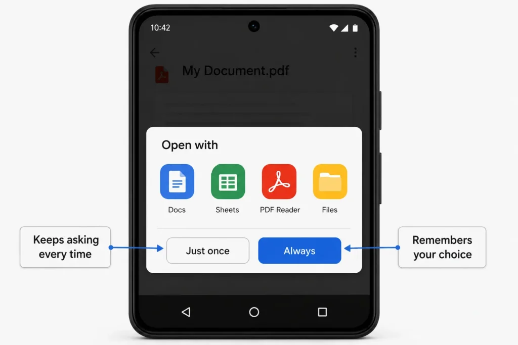 Android app chooser dialog showing Always and Just Once buttons with annotations explaining that Always sets a permanent default and Just Once keeps asking