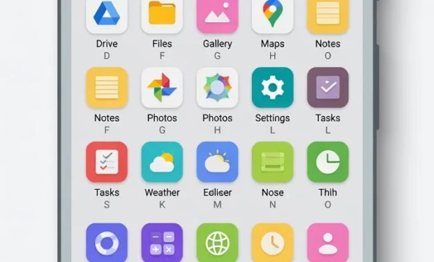 Android phone screen showing app drawer open with all installed apps visible after swiping up from the home screen
