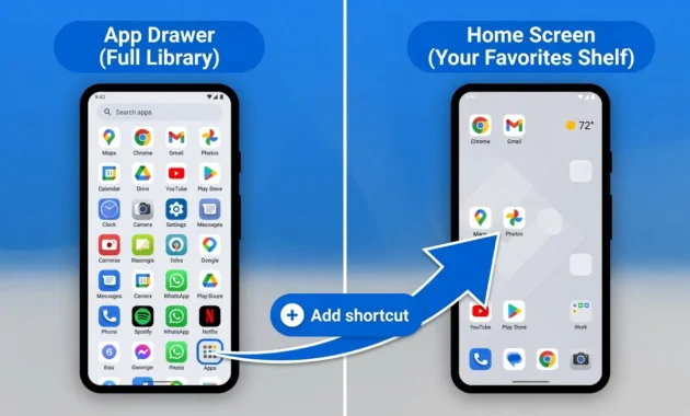 Diagram comparing Android app drawer showing full app library grid versus home screen showing only favorite app shortcuts